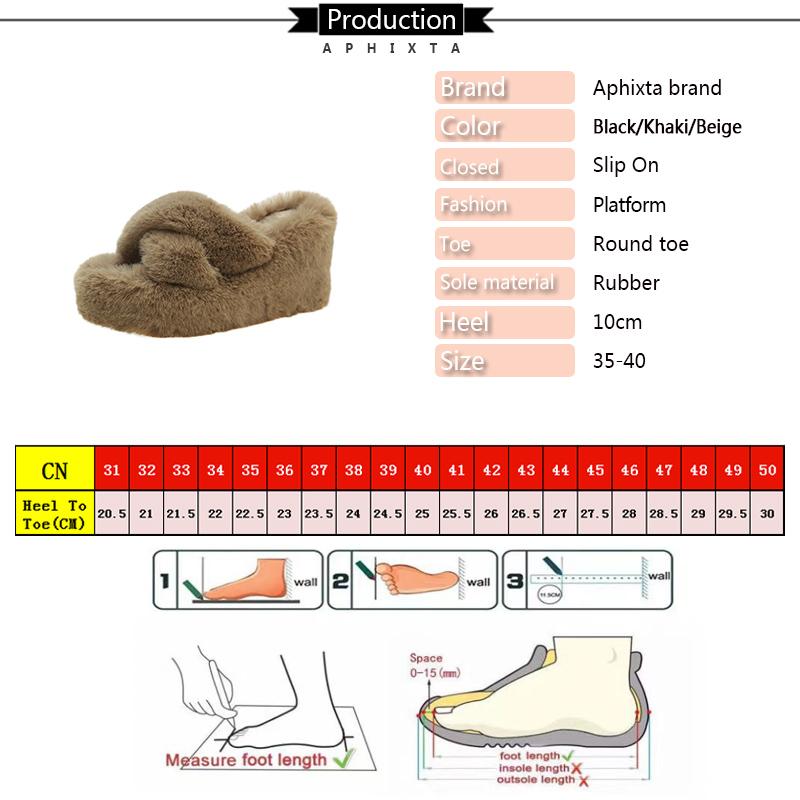 Fashion Aphixta Black Faux Fur 10cm Wedge Heels Slippers Women Winter Mulers Furry Warm Soft Shoe Cross Strap Clog Slides Sexy Shoes