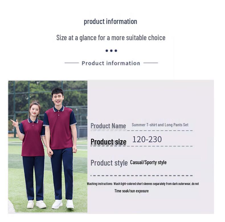 Summer School Sports Uniform Set for Middle and High School Students - Unisex Short Sleeve & Long Pants