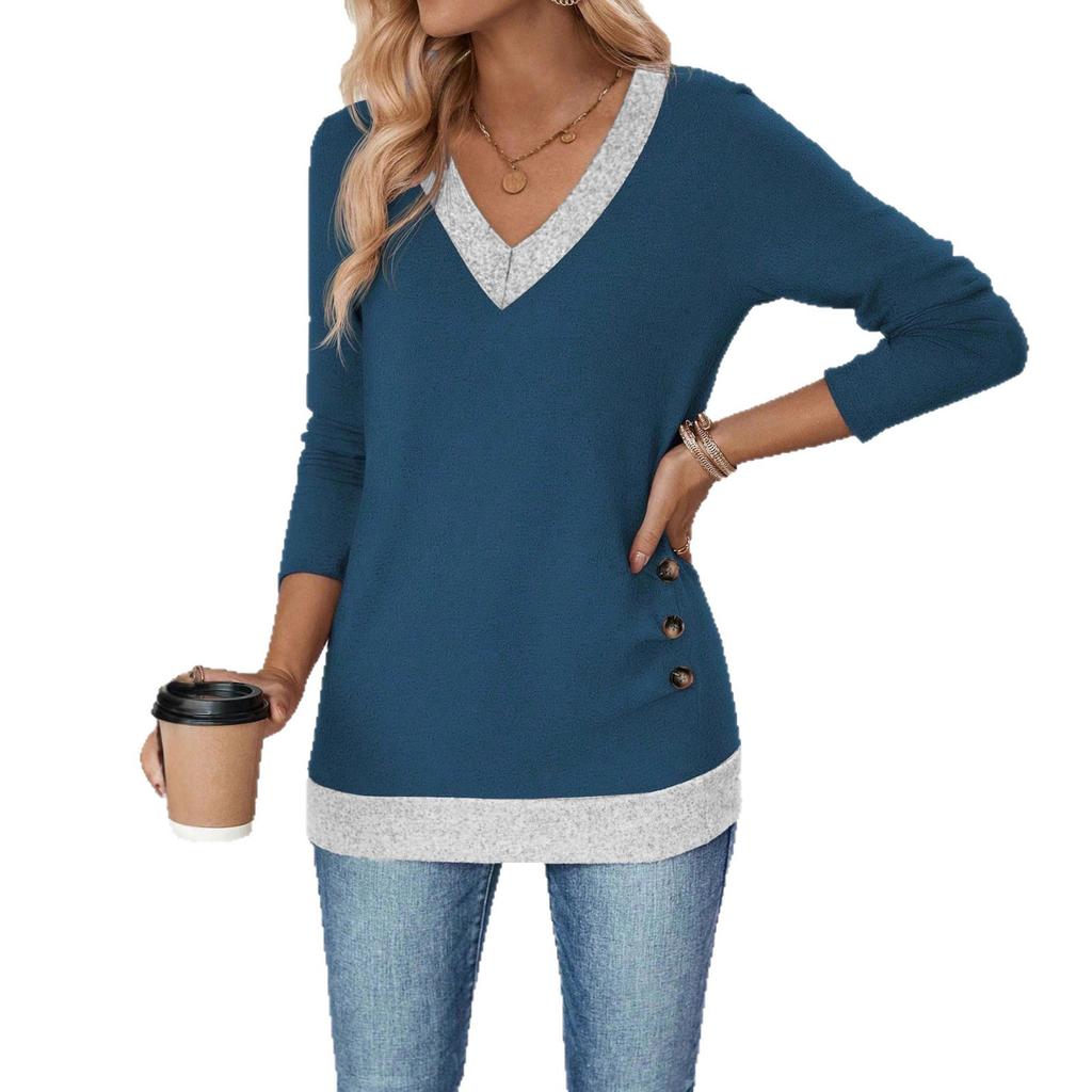 Women's Casual And Comfortable Three-button Color-blocked V-neck Long Sleeve