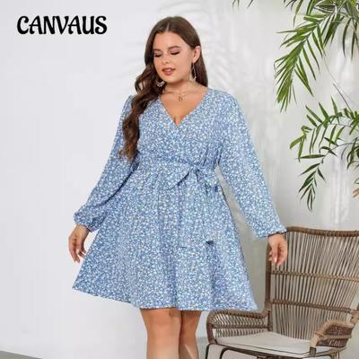 Women's Printed Floral V-Neck Dress Plus Size Long Sleeve Waist Dress
