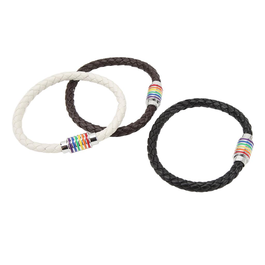 3PCS LGBTQ Bracelet Leather Stainless Steel Pride Woven Braided Magnet Lock Black Brown White LGBTQ Jewelry