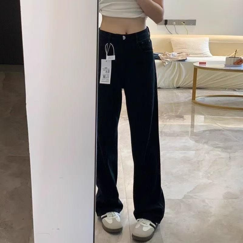 Black straight jeans women's autumn and winter new narrow version velvet high waist loose and thin wide-leg pants