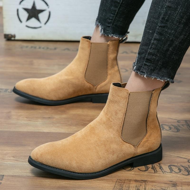 

New Brand Designer Winter High Tops Pointed Suede Leather Chelsea Ankle Boots For Men s Flats Slip On Shoes Zapatos Hombre 38