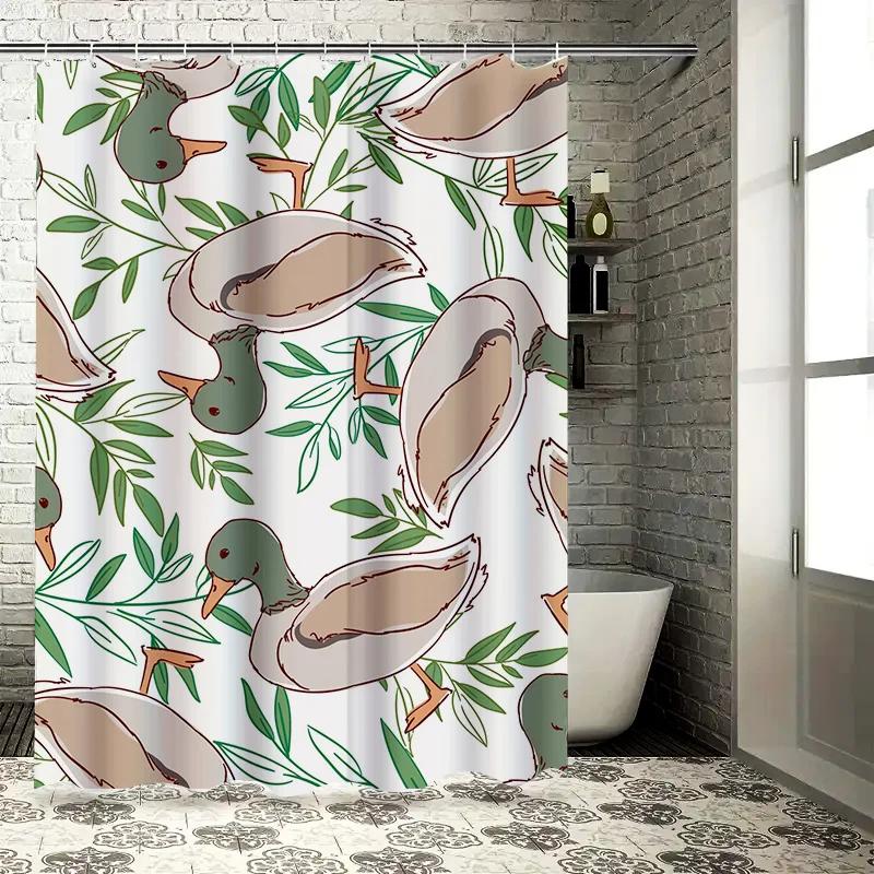 Colorful Duck Pattern Shower Curtain Bathroom Decor Green Leaves White Fabric Waterproof Home Decoration