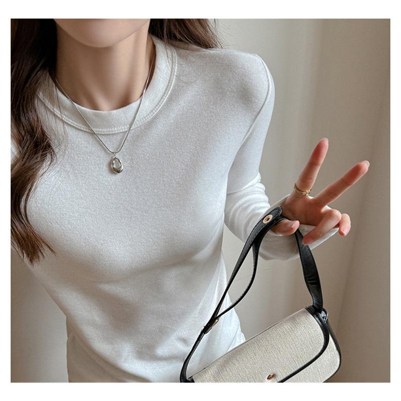 Women's Autumn And Winter Solid Color T Shirt With Brushed Long Sleeved Base Underneath