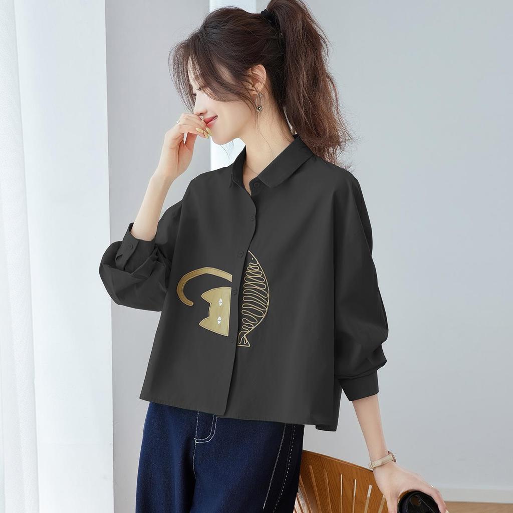 Damen besticktes Baumwollhemd - 2025 Frühher Herbst Lockerer Revers-Top, Altersminderndes Hübsches Langarm-Modedesign