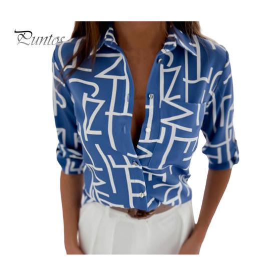 

Женская летняя рубашка с длинным рукавом с лацканами, облегающие топы с геометрическим узором, однобортная рубашка, уличная одежда M синий