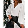 Elegant Fashion Loose Chain Women Blouse Autumn Long Sleeve V-neck White Tops Spring Office Lady Shirt Solid Color Simple Clothing