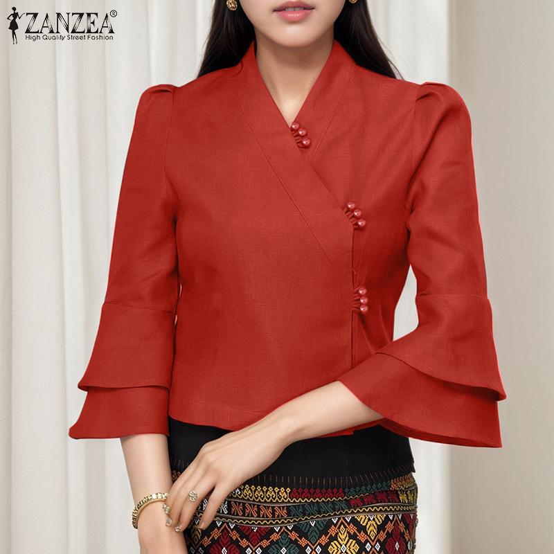 ZANZEA Womens Casual V-Neck Flare 3/4 Sleeve Loose Plain Blouse