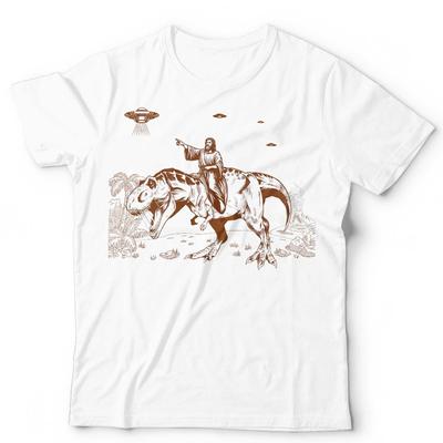 Jesus Auf T Rex T-Shirt Unisex und Kinder Lustig UFO Aliens Dinosaurier Verschwörung Retro