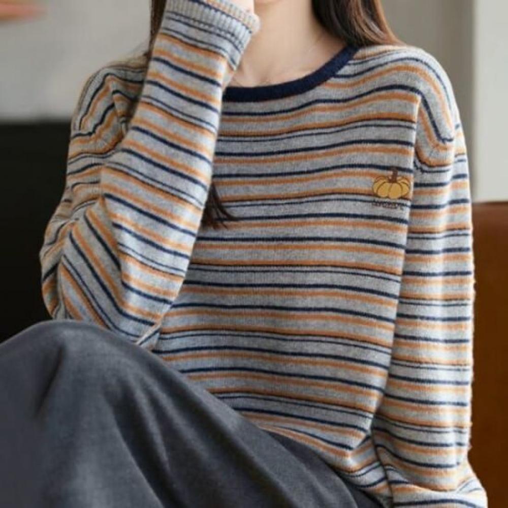 Navava Nk3552 Pumpkin Embroidery Point Stripe Long Sleeve Knitted Top