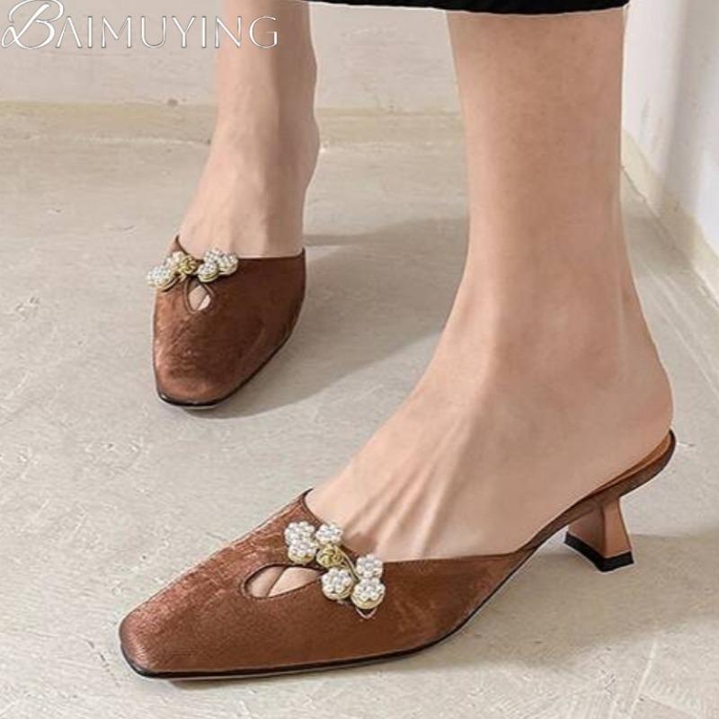 Fashion Square Toe Slippers Women Heeled Sandals Crystal Mules Mid Heels Shoes Summer 2025 New Elegant Dress Party Trend Pumps Mujer