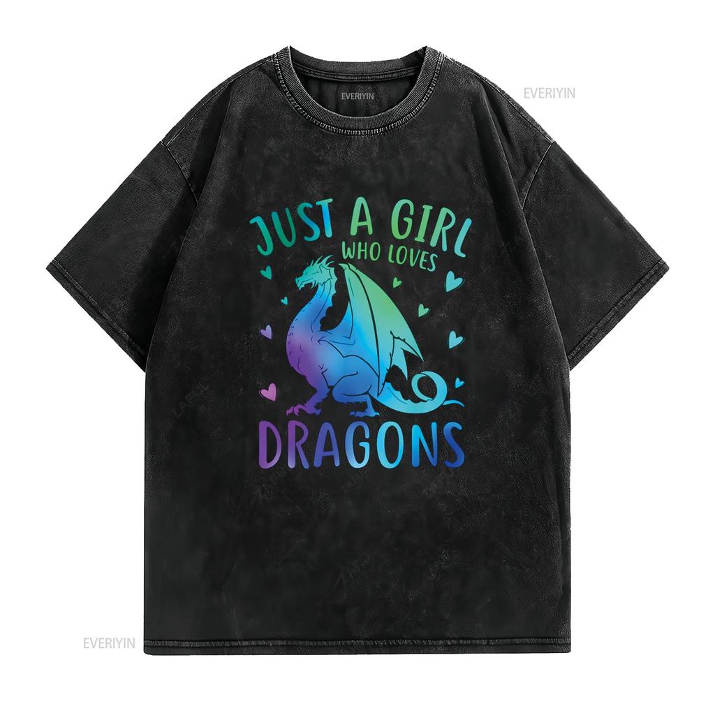 Cute Just A Girl Who Loves Dragons Women and Girls T Shirt vintage Washed fashion graphic Slightly Casual Stylish Versatile