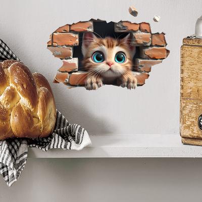3D vykukující koťátko Samolepky na zeď, Roztomilé kočičí Decals pro rozbití zdi pro dětský pokoj Obývací pokoj, Odnímatelné