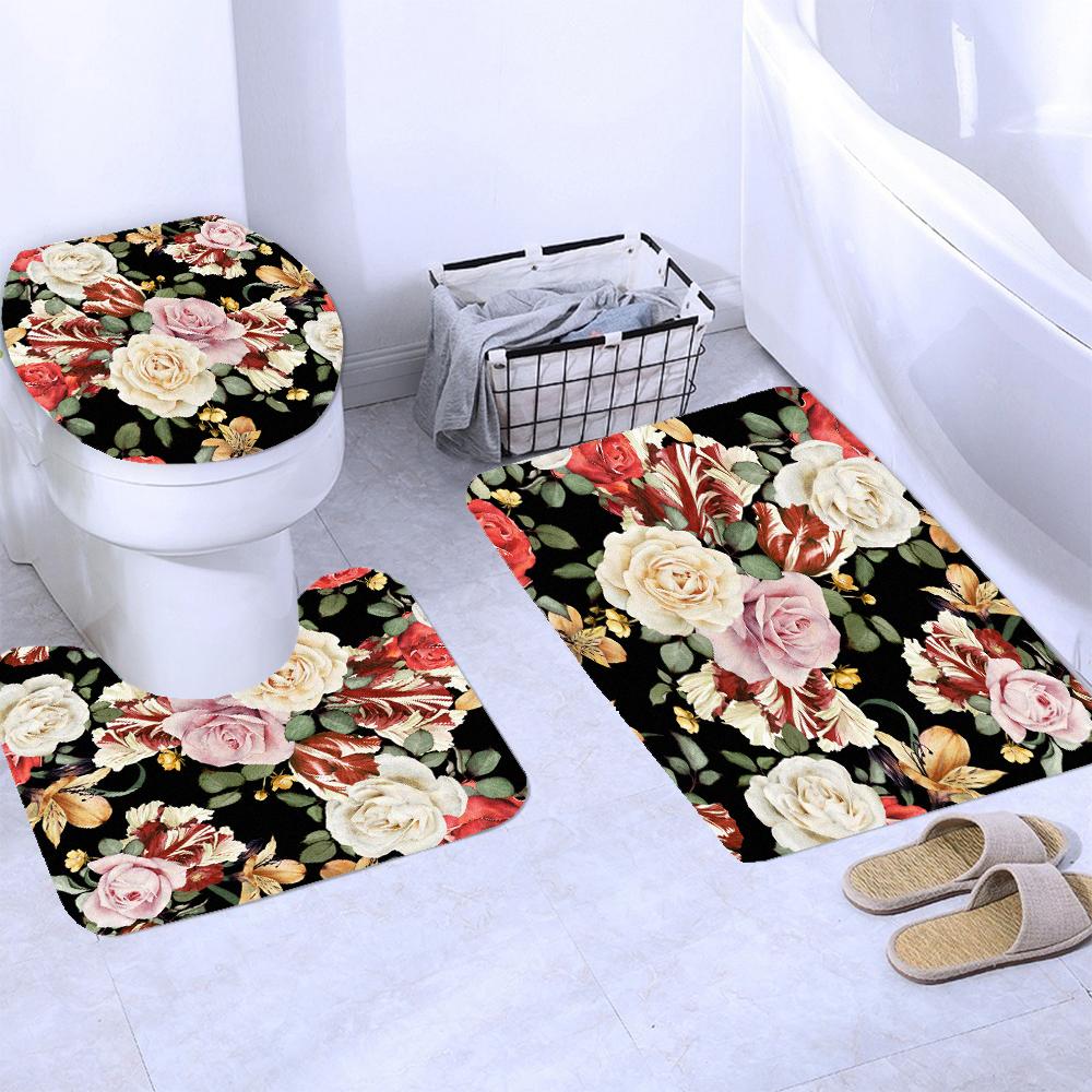 Butterfly Red Roses And Flowers Print Shower Curtain Set Anti-Slip Rugs Toilet Lid Cover Bath Mat  Bathroom Curtains Decoration