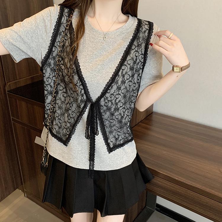 2026 Summer Plus Size Lace Vest Two-Piece Women's Short Sleeve T-Shirt
