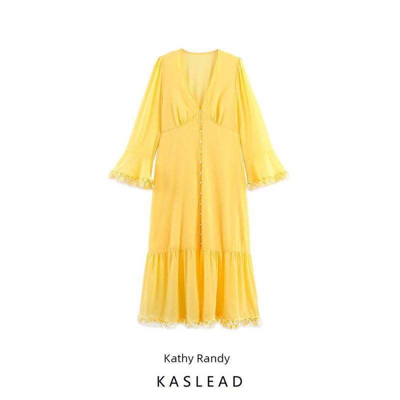 Kaslead New Women Clothes Western Style Fashion Plus Size Temperament V-neck Pearl Buckle Patchwork Edge Long Dress