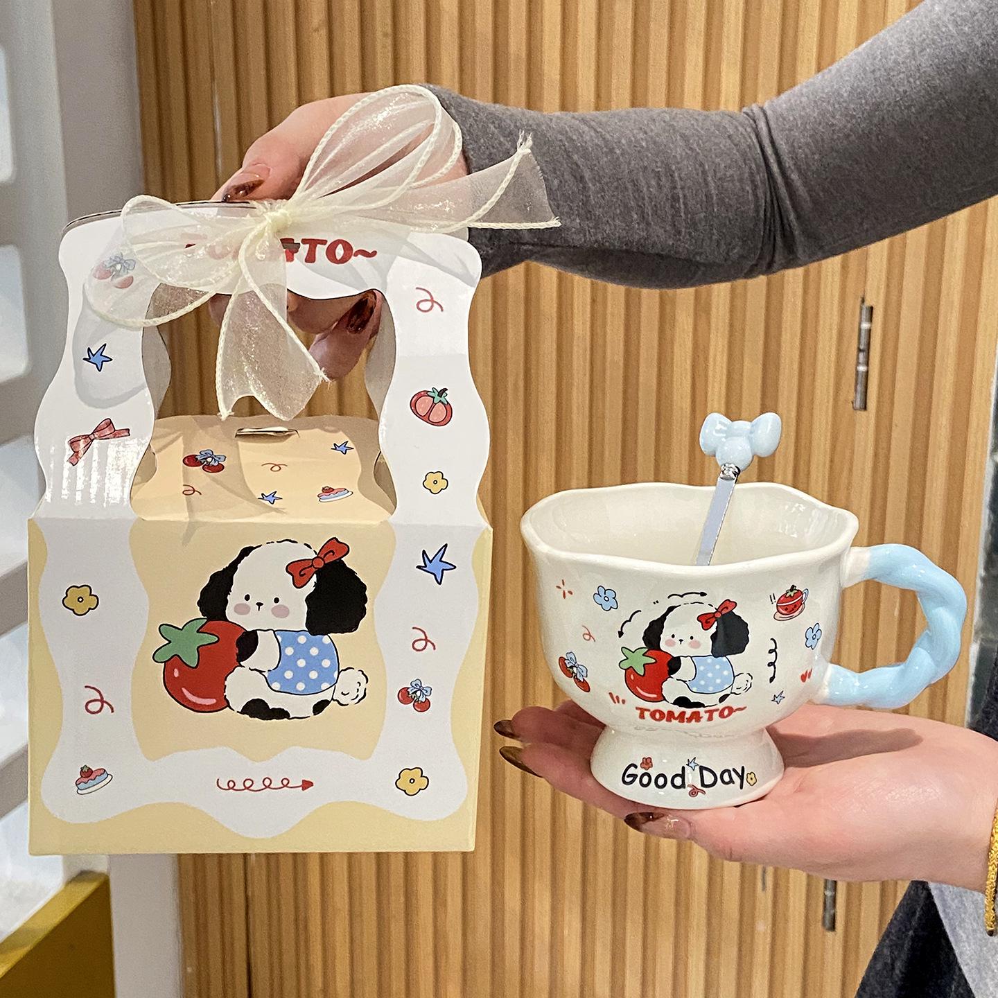 Ceramic Couple s Cartoon Puppy Mug with Spoon & Gift Box Set Single Cup