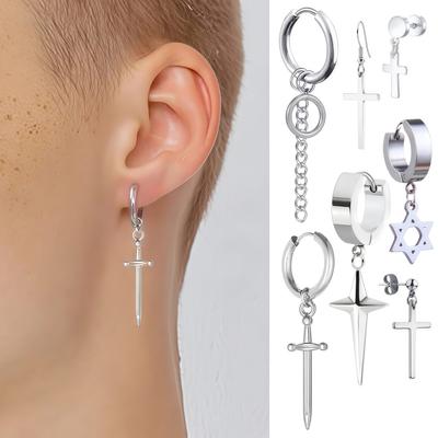 1Pair Sword Cross Feather Lightning Stainless Steel Round Piercing Hoop Woman Earing for Female Jewelry Accessories Trend New In