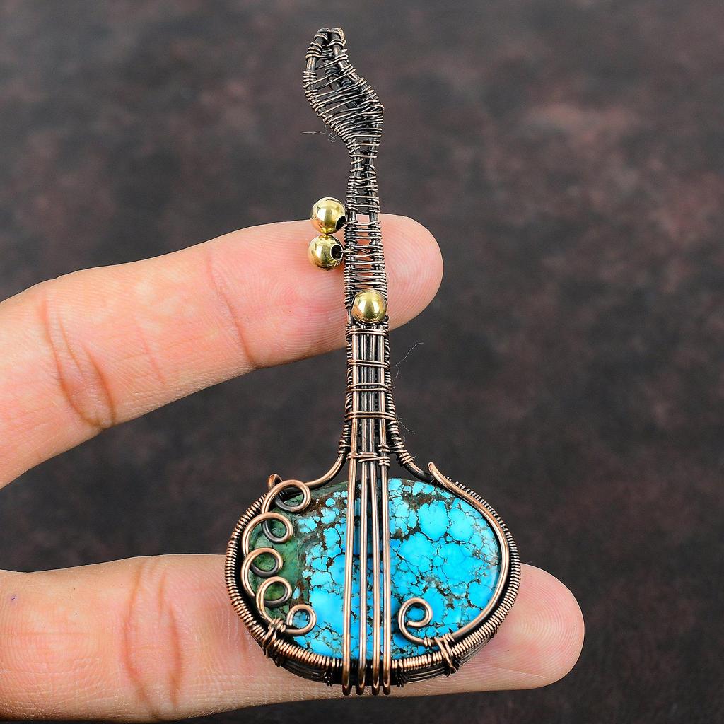 Tybetański Turkusowy Wisiorek Oplatany Miedzianym Drutem Ręcznie Robiony Wisiorek Gitara Prezent Kamień Szlachetny Turkus Długa Biżuteria Biżuteria Instrument Muzyczny