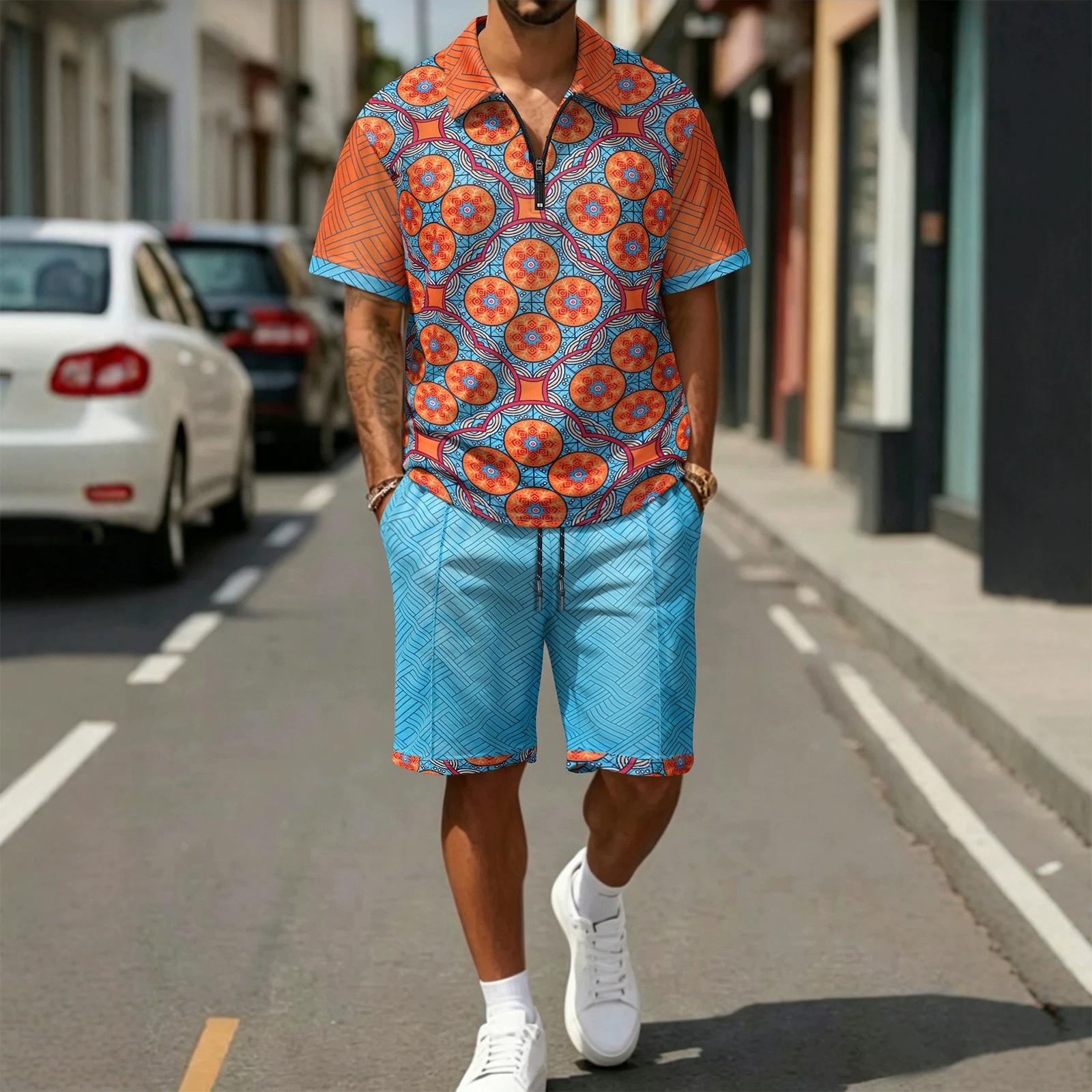 

Men s Summer Casual Two Piece Set Short Sleeve Polo Shirt with Printed Design and Matching Drawstring Shorts Lightweight Breathable Fabric XL небо синє кольору