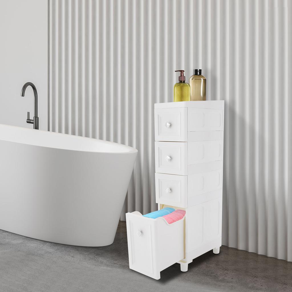 Tall Bathroom Floor Cabinet with 4 Tiers, Narrow Slim PP Storage Organizer, Free Standing Cabinet, Modern White Storage Shelf