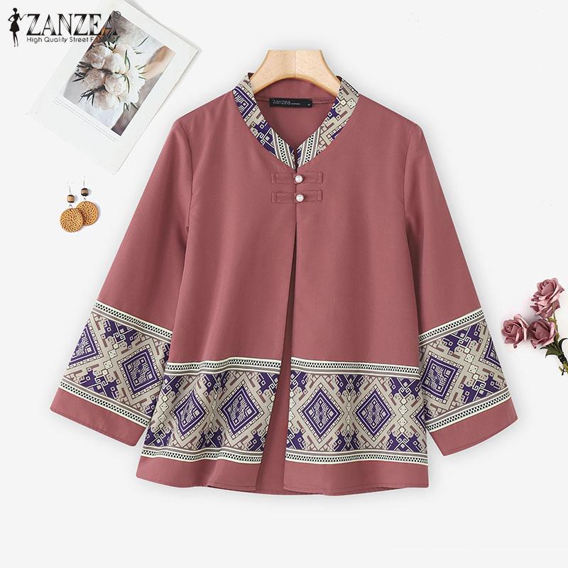 ZANZEA Women Ethnic Print Casual Round Neck Loose Long Sleeve Cardigan Blouse