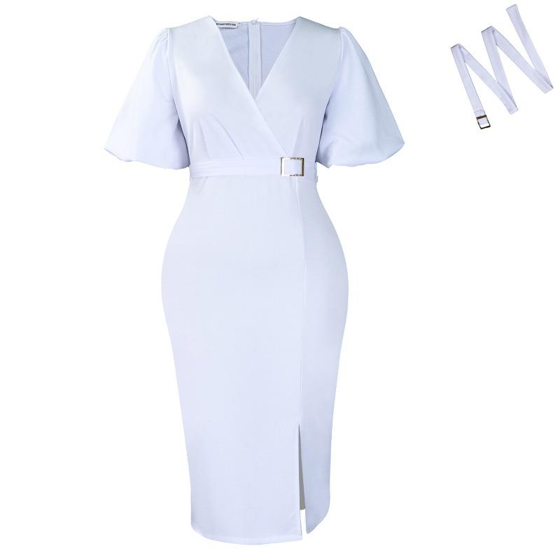 Women Fashion V Neck Puff Sleeve Solid High Waist Slit Bodycon Midi Dress
