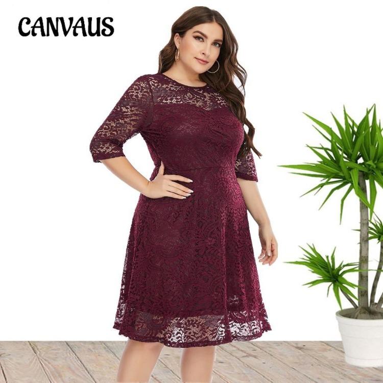 Damska Koronkowa Długa Sukienka Plus Size z Okrągłym Dekoltem na Wiosnę i Lato