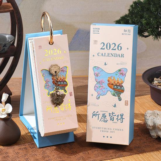 2026 Vintage European Style Oil Painting Flip Calendar January-December Desk Planner with Butterfly Pendant Desktop Monthly Organizer for Home Office
