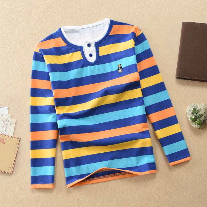 Boys' Korean Style Striped Long-Sleeve Polo Shirt with Turn-Down Collar (Sizes 100-170 cm) - Autumn & Spring Wear