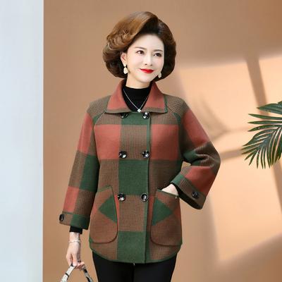 Large Size Noble Coat Spring Autumn Sweater Middle-aged Elderly Women's Clothing Winter Woolen Coat Cardigan Checkered Top