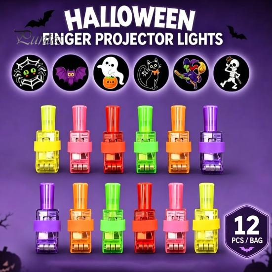 Interactive Parent Child Toys 12 Pcs Halloween Finger Projector Lights, Mini Colorful LED for Kids Pattern Projection Ring Kids, Goodie Bag Stuffers,