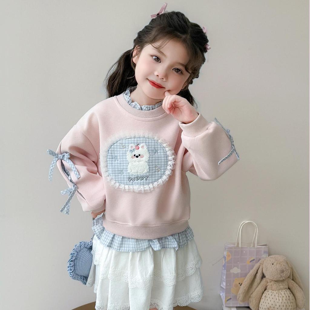 Cartoon-Sweatshirt für Mädchen mit Rundhalsausschnitt - Trendiger koreanischer Stil 2025, Frühling/Herbst, Vielseitiges Freizeit-Oberteil für kleine Mädchen