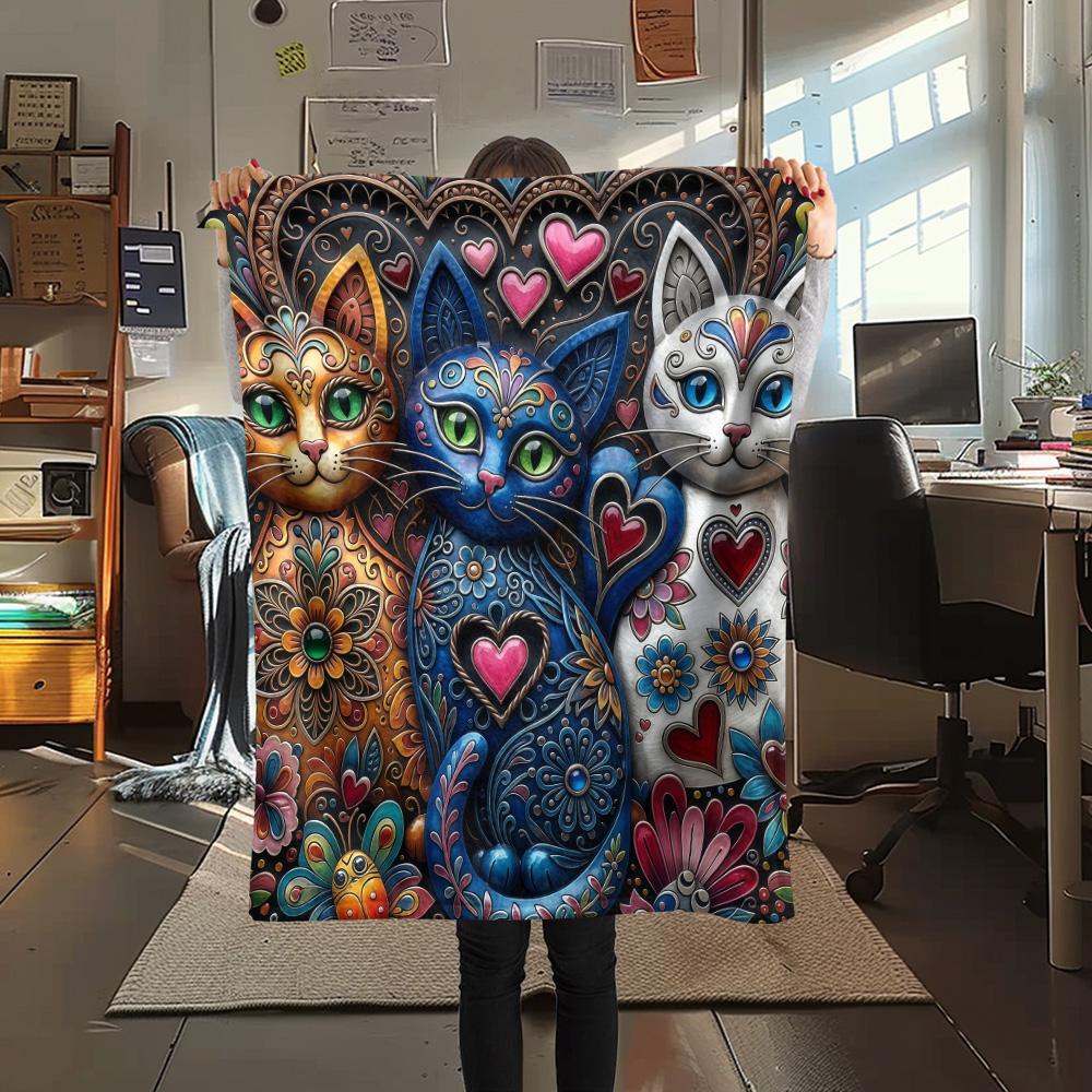 1PC Cat Styles Print FlAannel Blanket, High quality Comfortable for All Seasons, Home Decor, Warmth and Comfort