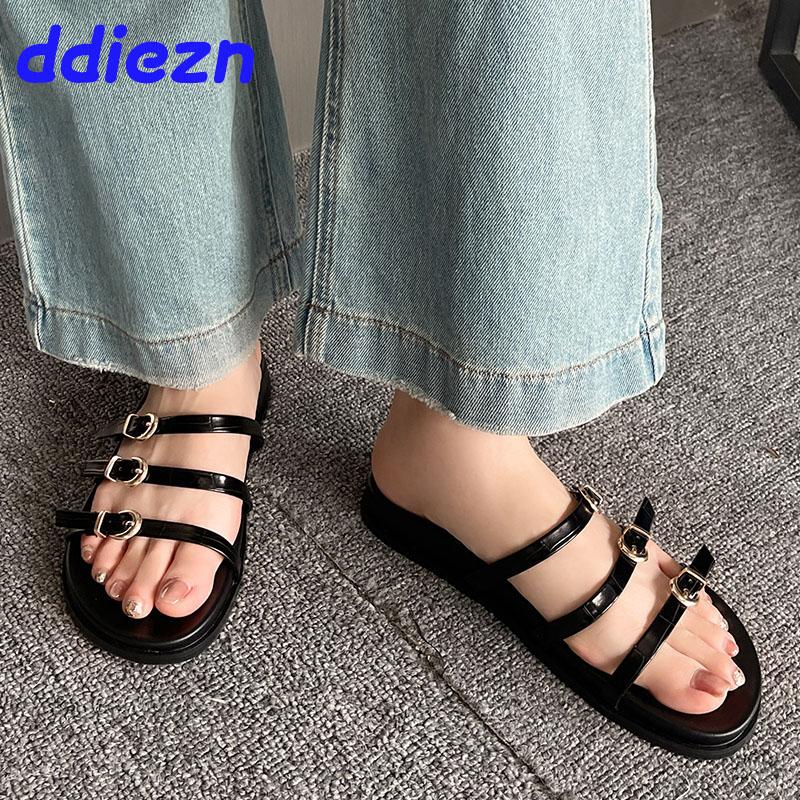 

Fashion Black Footwear Fashion Metal Buckle Women Flats Slides Slippers New 2024 Female Beach Ladies Slippers Sandals Shoes Big Size 5(foot 225mm) чёрный