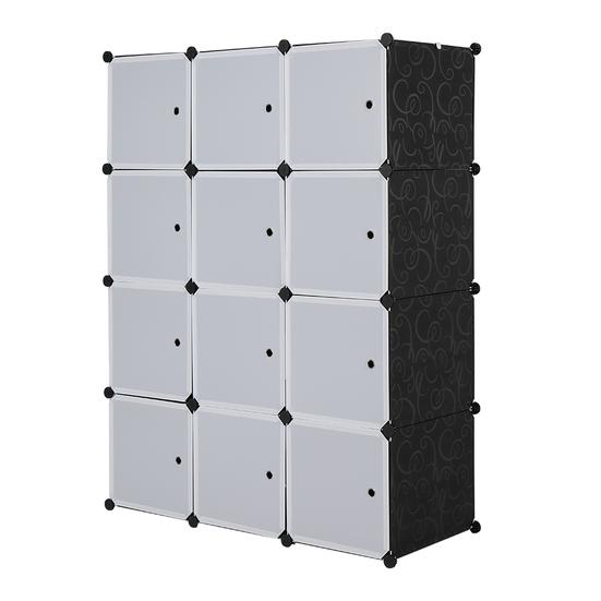 12 Cube Organizer Stackable Plastic Cube Storage Shelves Design Multifunctional Modular Closet Cabinet with Hanging Rod White Doors and Black Panels