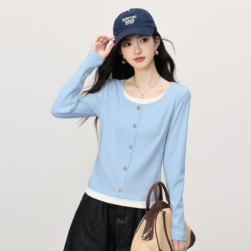 SLLSKY Women s Color-Block Faux Two-Piece Long Sleeve T-shirt XL