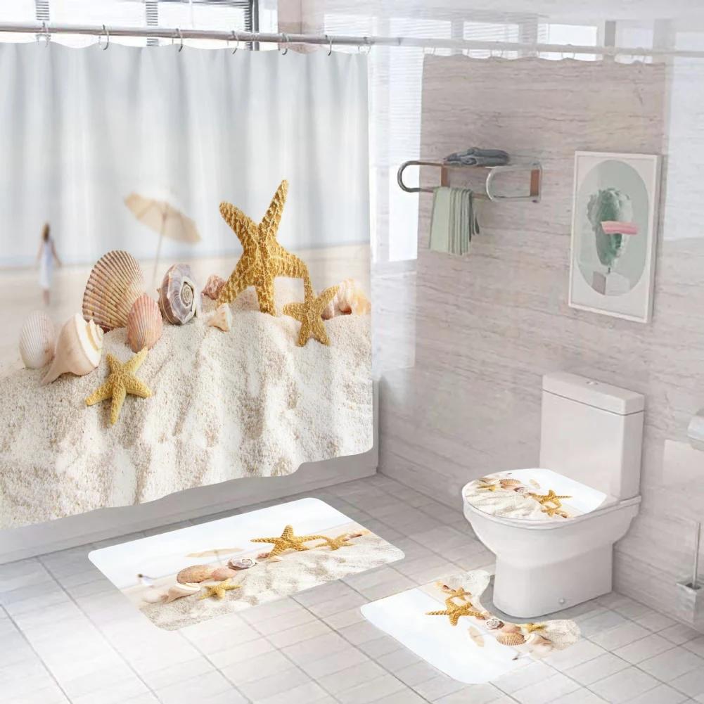 4pcs Beach Shells Shower Curtains Set Summer Waterproof Shower Curtain Anti-slip Mat Toilet Cover Set Marine Style Bathroom Deco