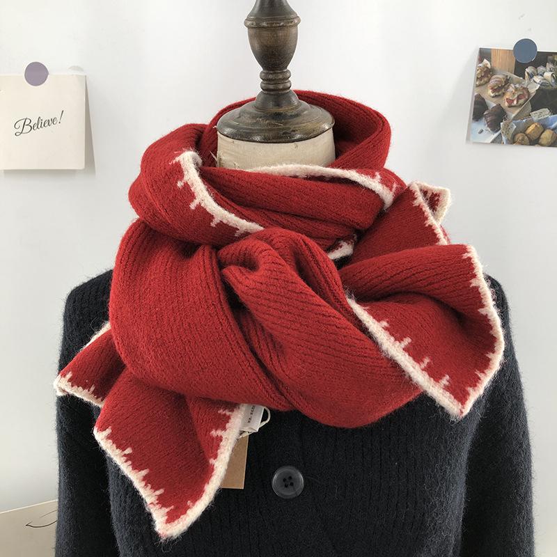 College Style Dark Gray Woolen Scarf for Women Winter Black Knitted Christmas Red Student Couple Warm Thick Scarf