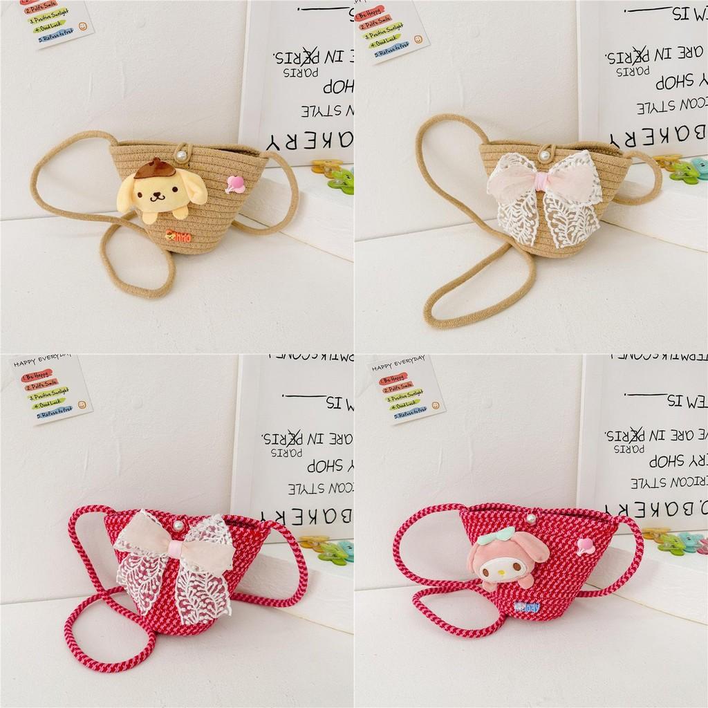 Adorable Korean Style Cartoon Woven Children's Bag With Bowknot And Floral Design