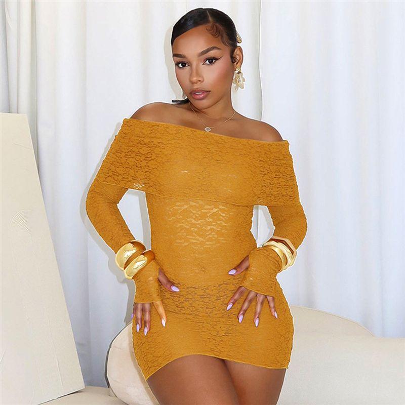 

INS Fashion Sexy off-the-Shoulder Long Sleeves Lace Silm Dress Short Skirt Sexy Mini Lace Dress Yellow L