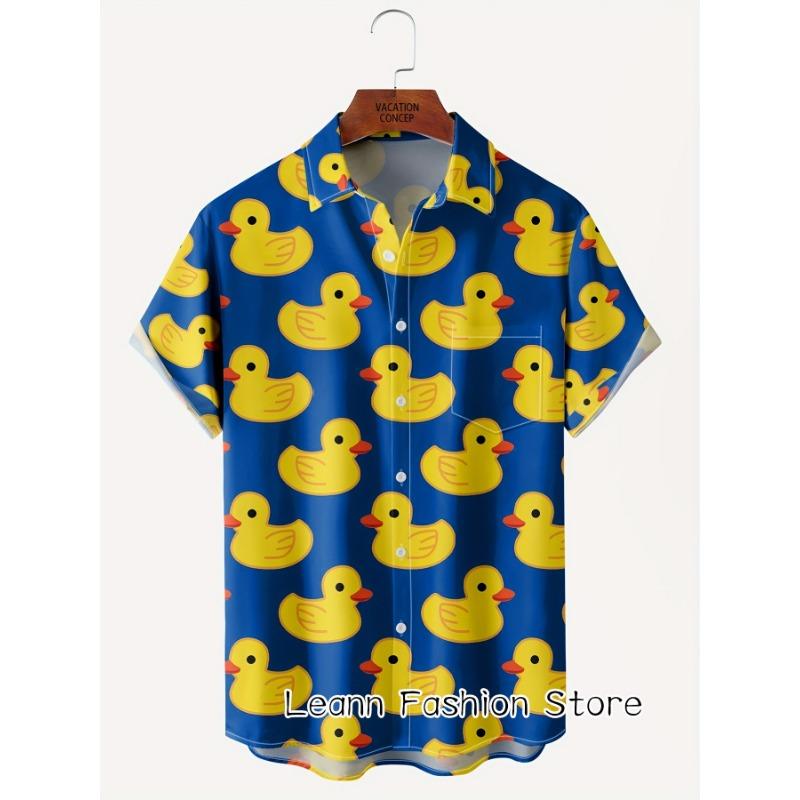 Herren Sommer Niedlicher Cartoon Gelbe Enten Print Hemd Hawaiianische Urlaubsbekleidung Männlich Knopf Reverskragen Mode Strand 4XL blue
