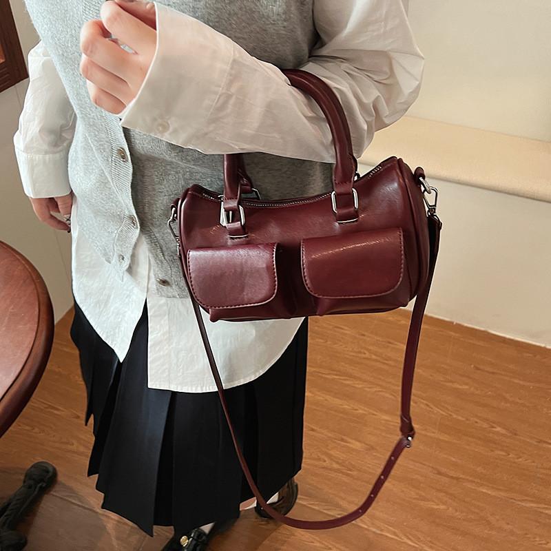 Chic Boston Bag For Women Stylish Large Capacity Handheld Shoulder Purse In Black Red Coffee