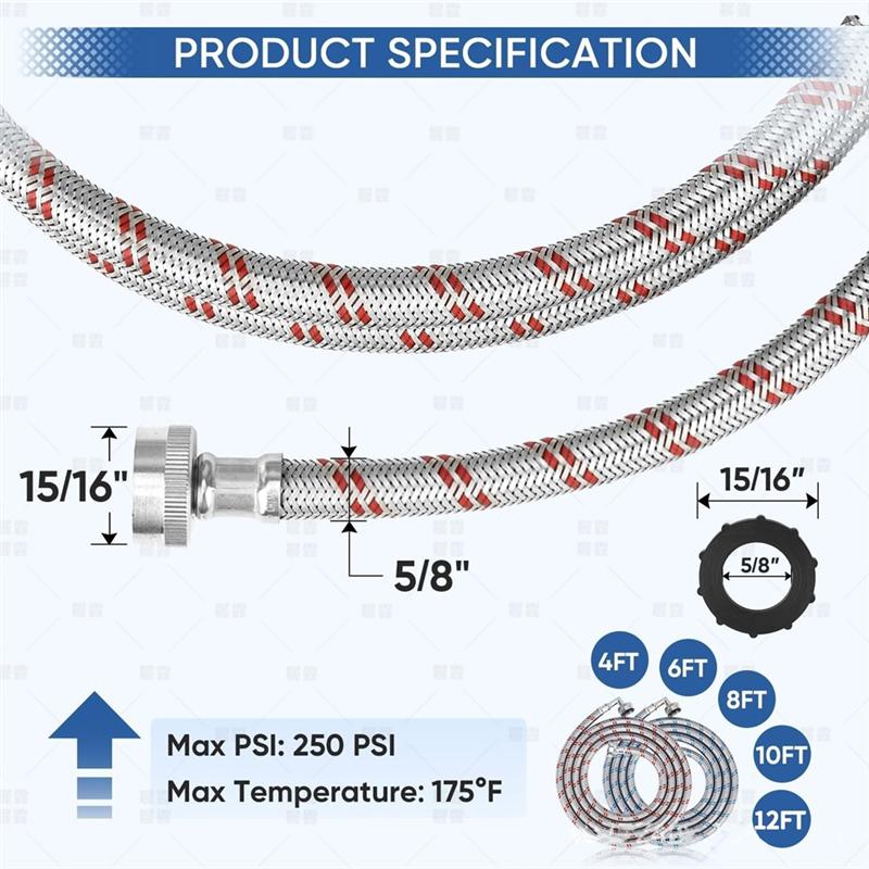 A78E-4FT Washing Machine Hoses Set, 2 Pack Core Braided Stainless Steel Burst-Proof Washer Hoses With 90 Degree Elbow