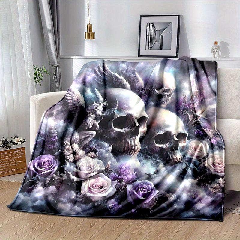 1pc Skulls Angels and Roses Blanket, Soft for Couch Bed Sofa, Living Room, Travel, Camping, Car Blankets