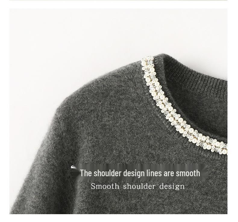 Women's Rhinestone Cashmere Sweater: Round Neck, Loose Fit, Flat Knit, Stylish Autumn/Winter Pullover