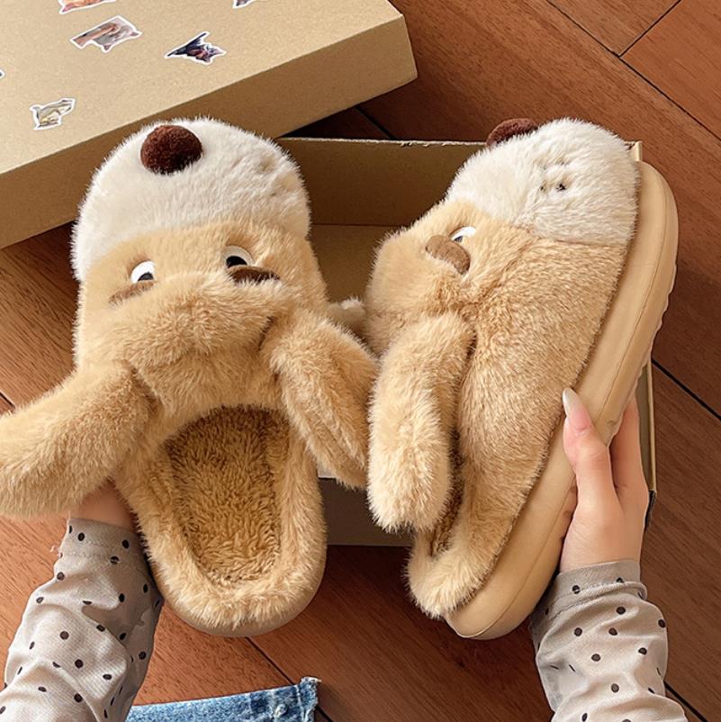 Fashion Indoor Fluffy Slippers For Women Winter Platform Shoes Cute Cartoon Dog Warm Plush Anti-slip Girls Home Floor Cotton Slides