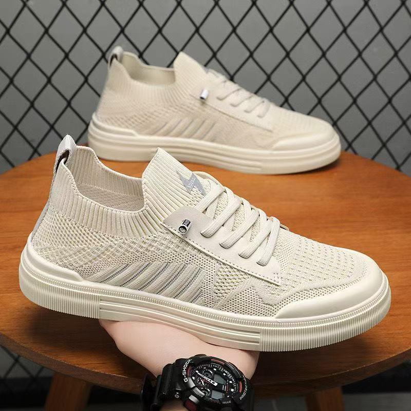 Men's Breathable Mesh Flyknit Casual Shoes - 2026 Spring/Summer Collection, Flat Bottom, Comfortable Board Shoes