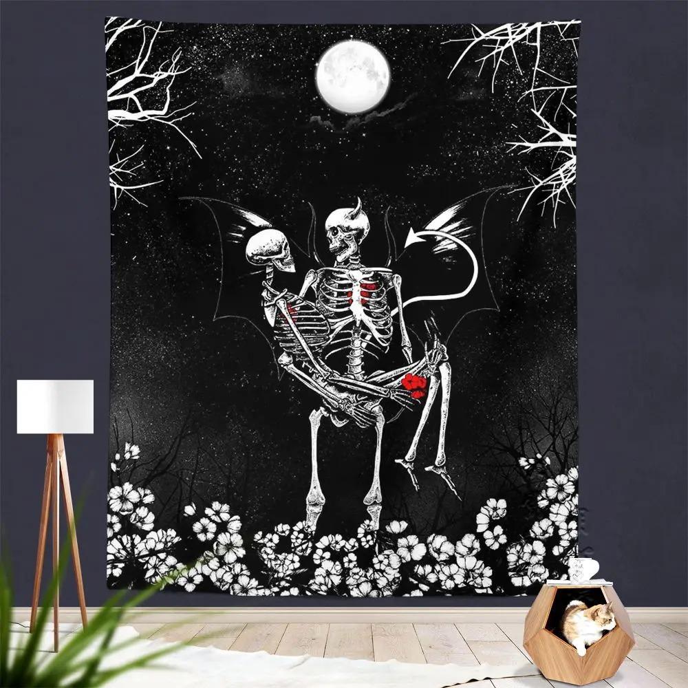 Black and White Couple Skull Background Pattern Tapestry Home Wall Decoration Tapestry Bedroom Living Room Tapestry